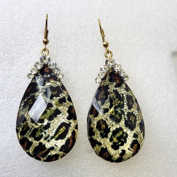 Leopard Pattern Glitter Oval Fish Hook Earrings - Picture 1 of 14